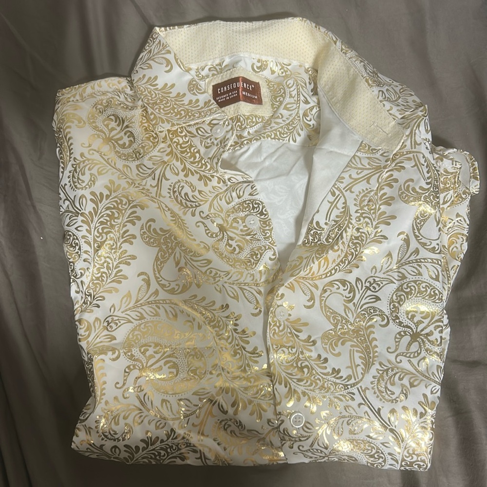 White and Gold Consequence button down long sleeve shirt